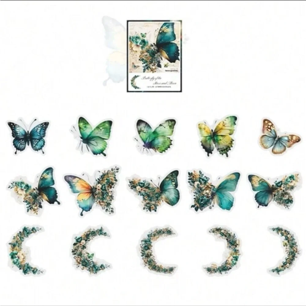 New! Blue, Green, & Teal Butterfly & Floral Moon Transparent Stickers Set of 30